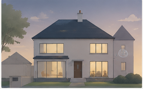 The same house at dusk with warm light in the windows and a pastel sky behind the roof.