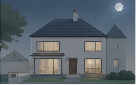 The same house at night under a bright moon with a few windows softly lit from within.