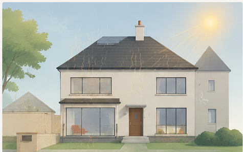 A rendered semi-detached house in strong midday sun with visible heat shimmer rising from the roof.