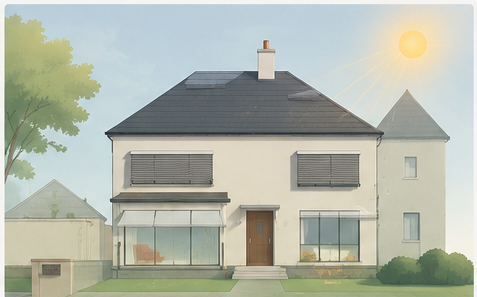 The same house with external shutters closed and a striped awning extended over the ground floor window.