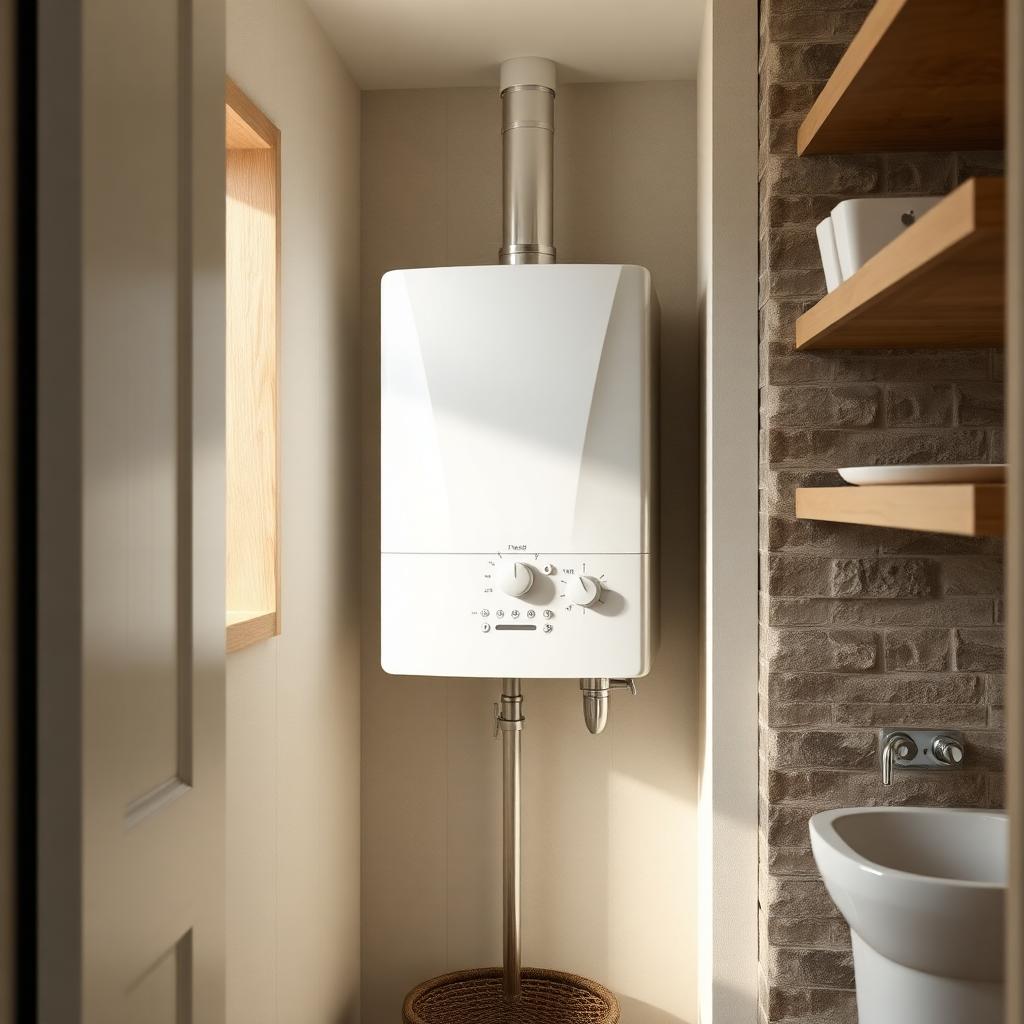 Compact white wall-mounted combi boiler in a tidy utility cupboard with timber shelving.