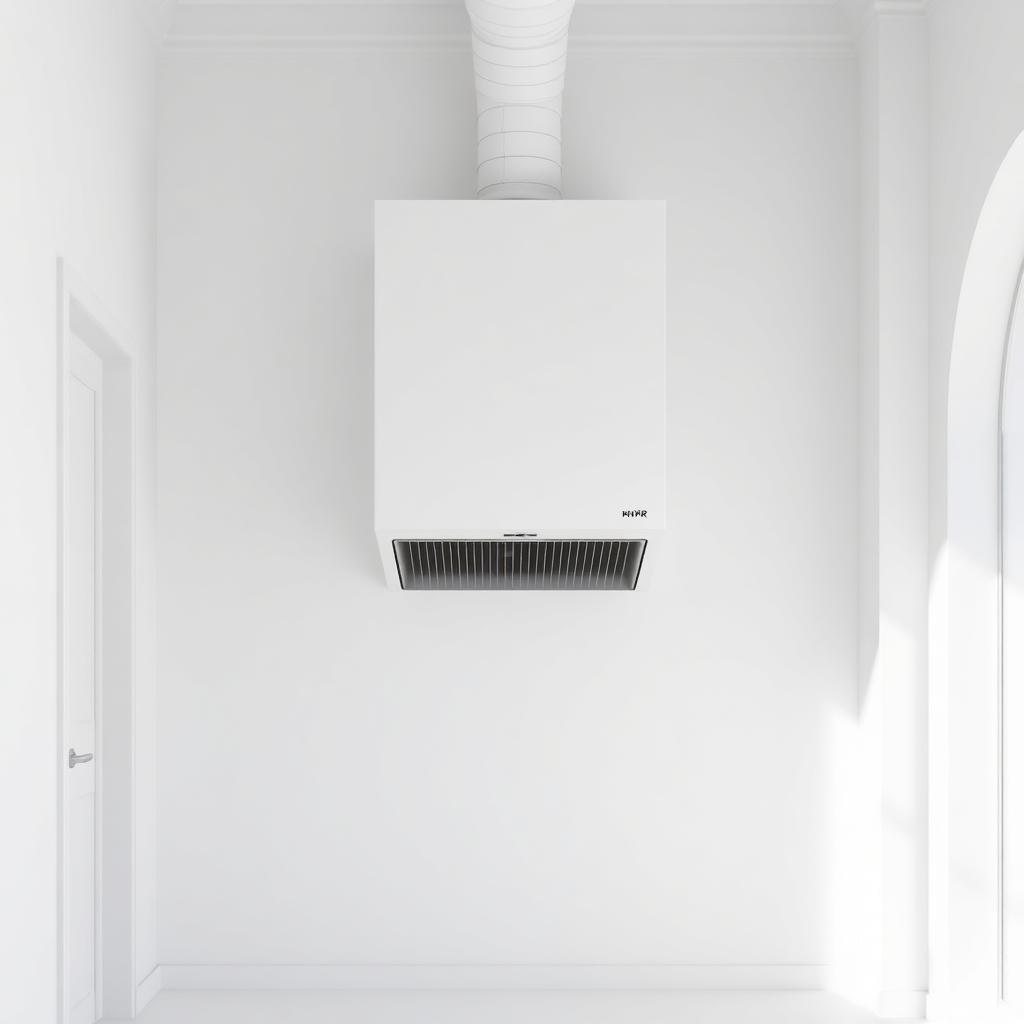 Tall white MVHR ventilation unit wall-mounted in a pristine white plant room with a single insulated duct.