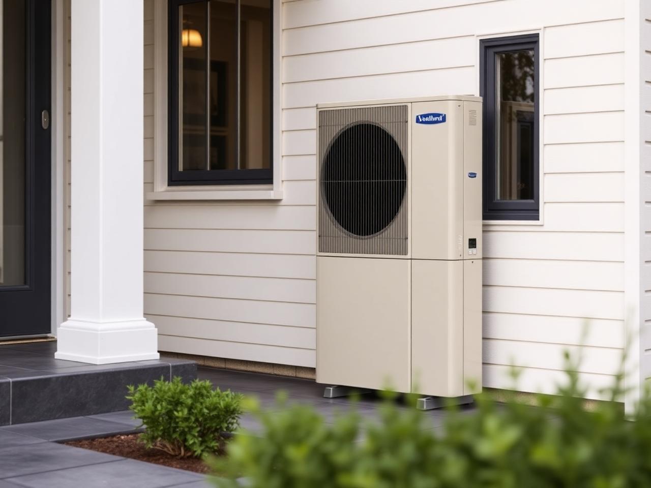 Tall vertical outdoor heat pump beside a modern rendered home, low planting in front.