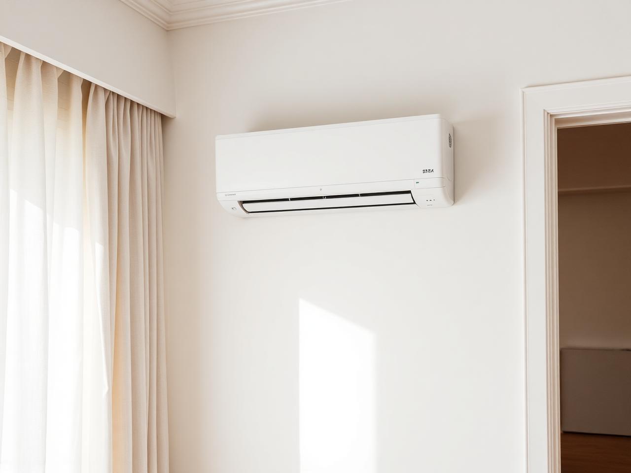 Slim white wall-mounted split air-conditioning unit in a sunlit bedroom corner.