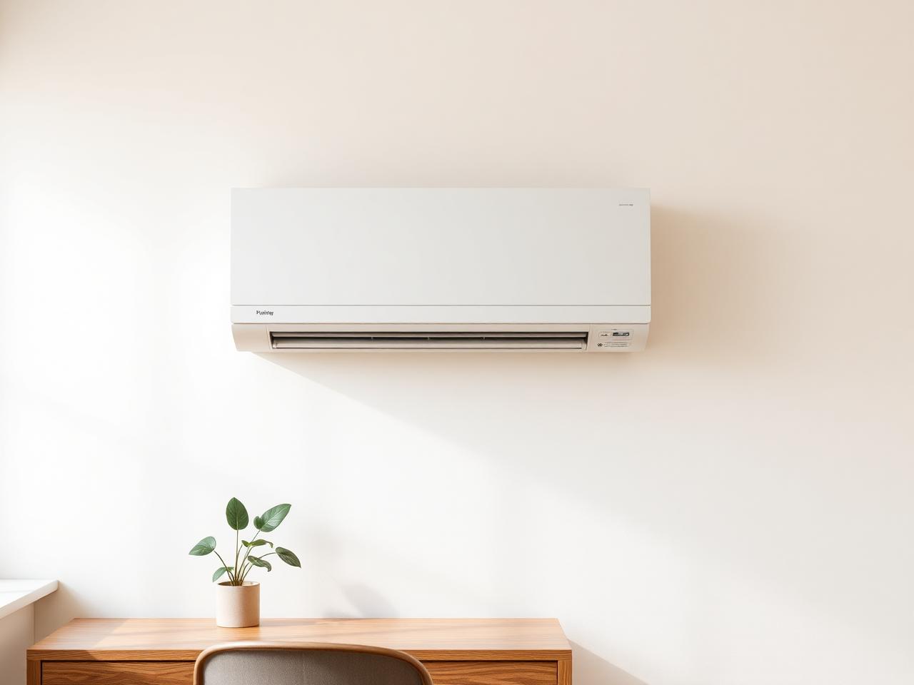 Plain white wall-mounted split air-conditioning unit above a wooden home-office desk.