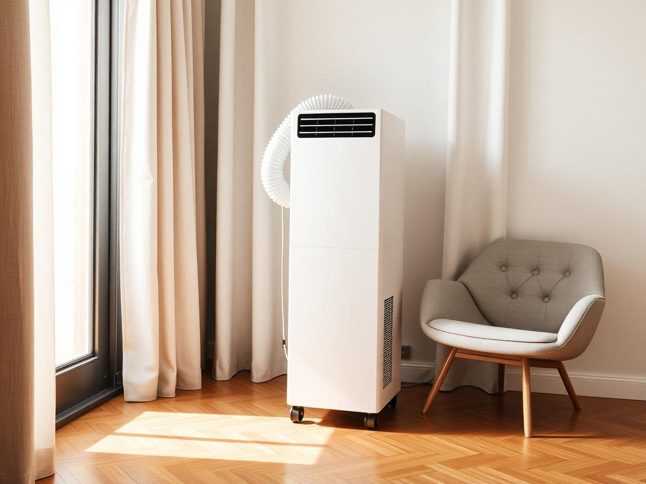 Tall white portable air-conditioner with a single window-vent hose in a sunlit flat.
