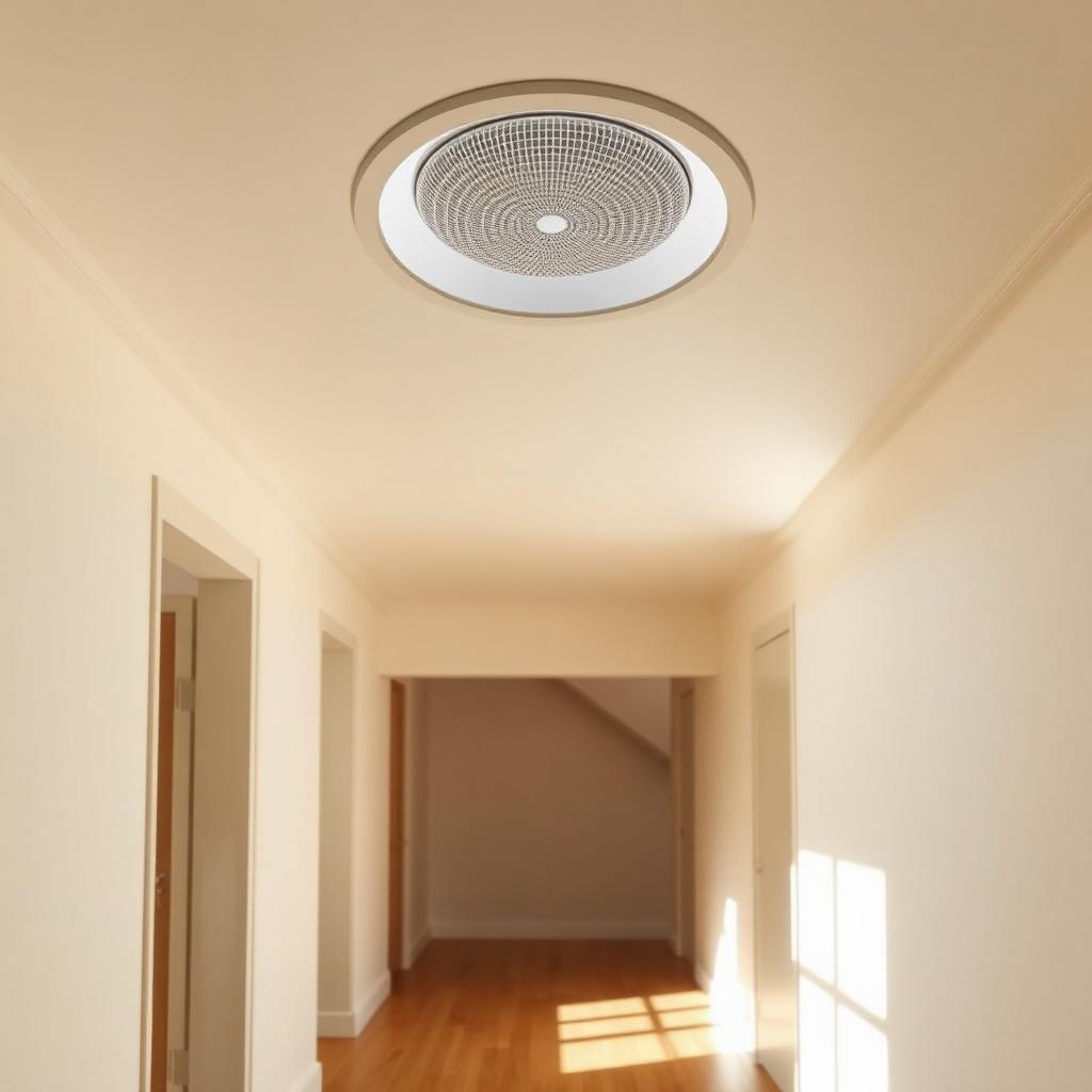 Round white ceiling-mounted positive input ventilation diffuser in a calm sunlit hallway.