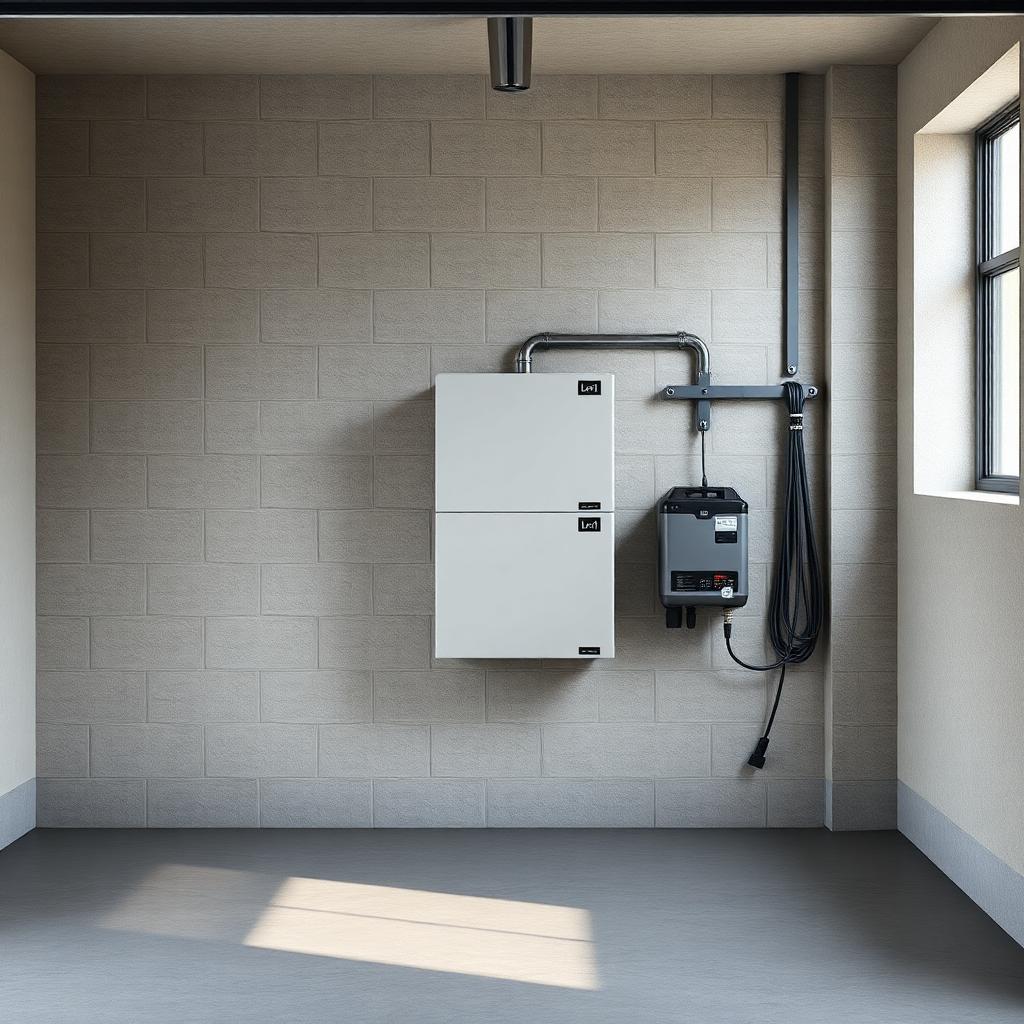 Wall-mounted slim grey home battery stack with two stacked modules in a tidy garage utility space.