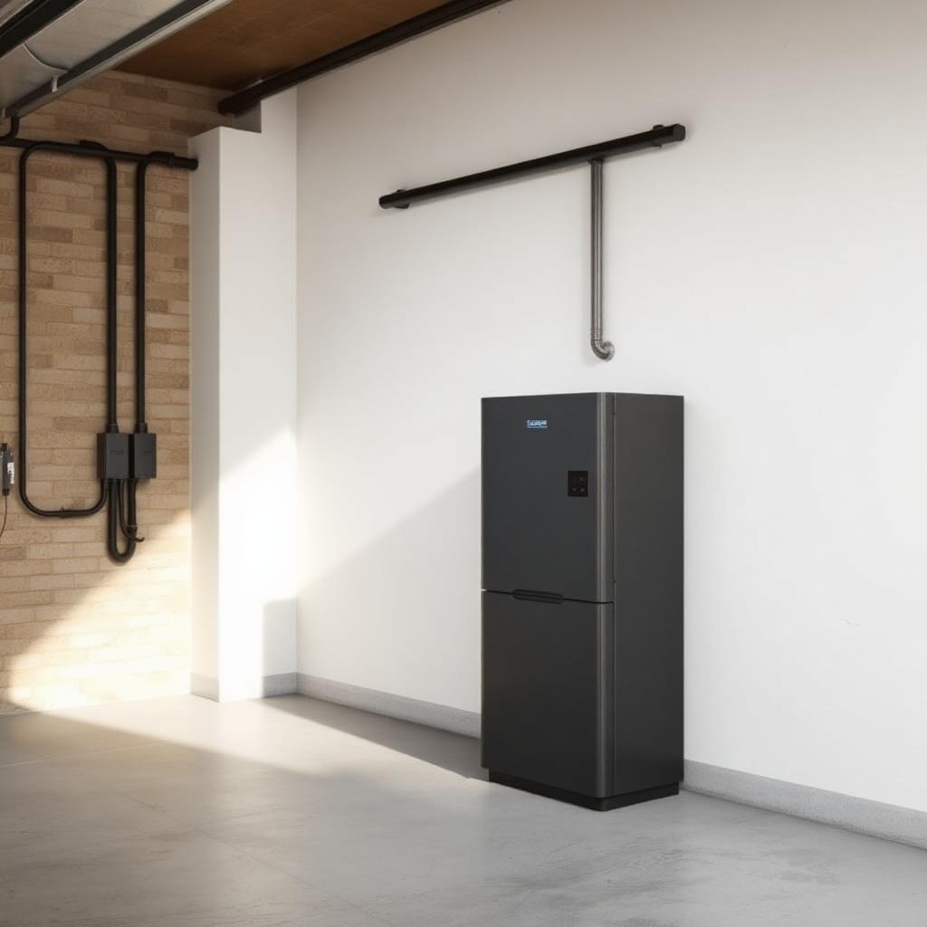 Tall slim charcoal-grey integrated home battery and inverter floor-standing in a clean garage utility space.