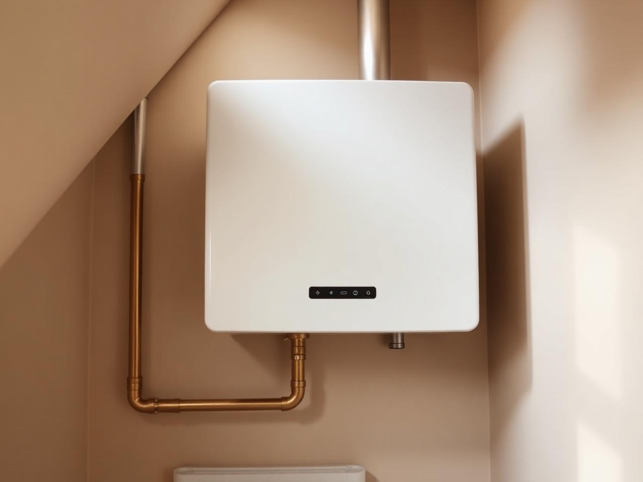 Matte-white wall-mounted combi boiler in a tidy under-stairs cupboard with brass pipework.