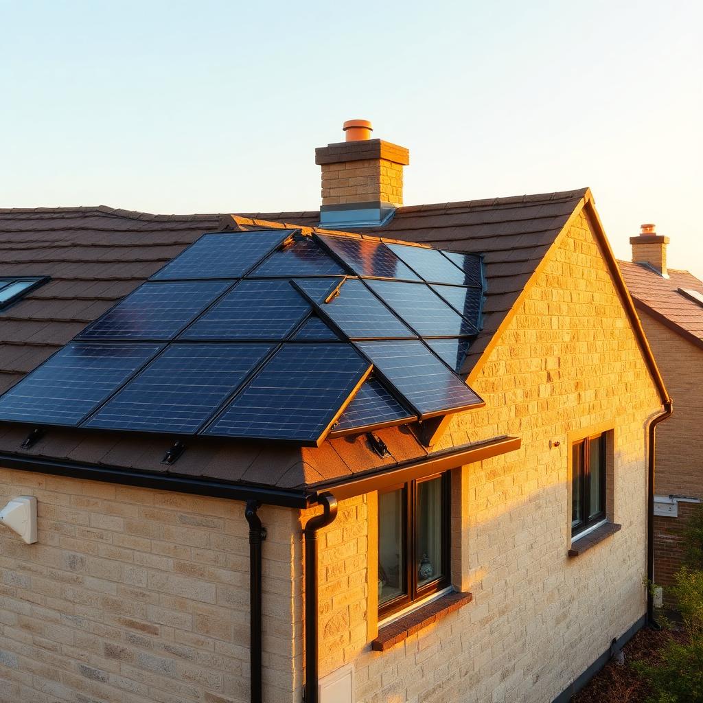 Clean array of black-framed solar panels on a tidy modern UK pitched roof at golden hour.