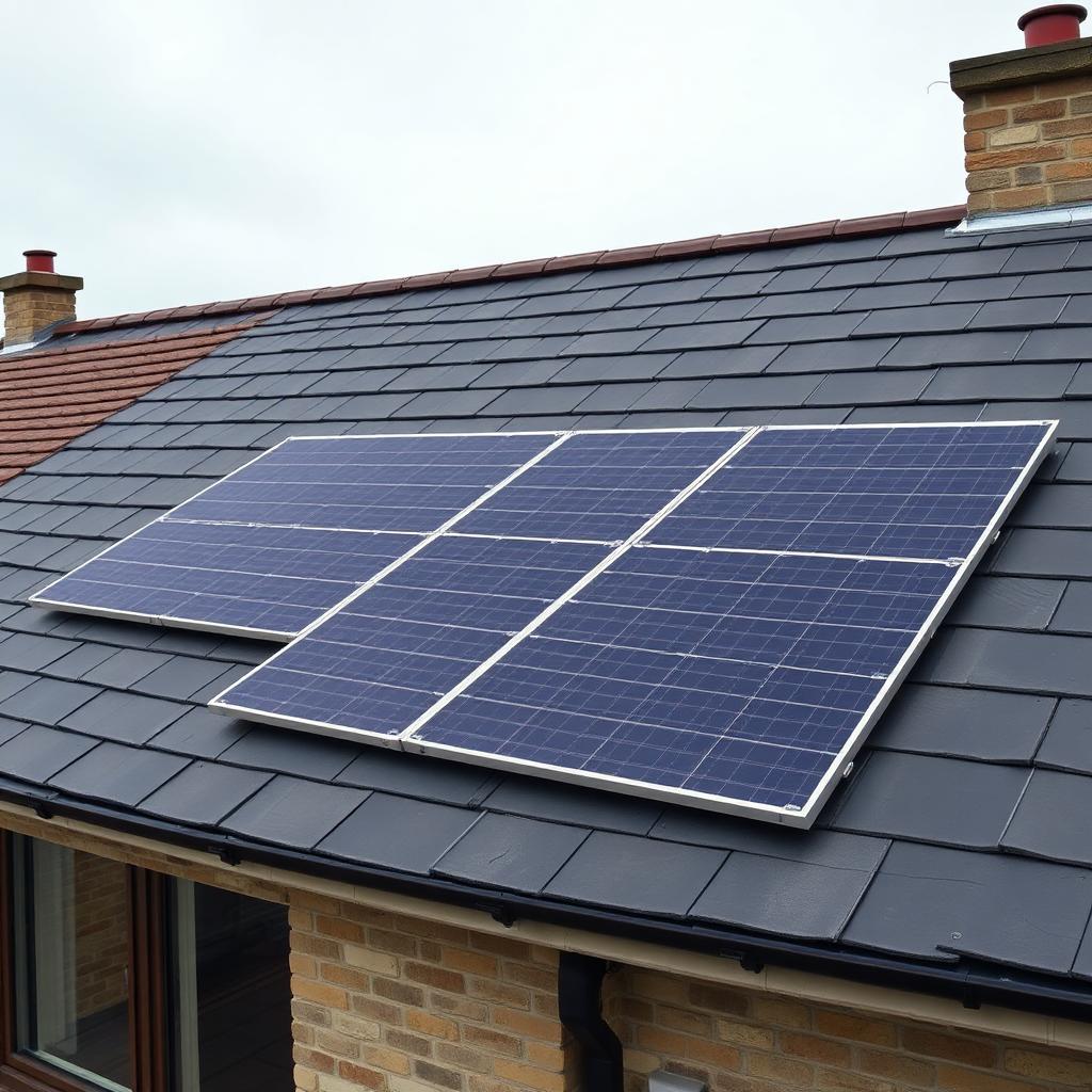 Dark blue monocrystalline solar panel array on a clean slate UK roof in calm overcast daylight.