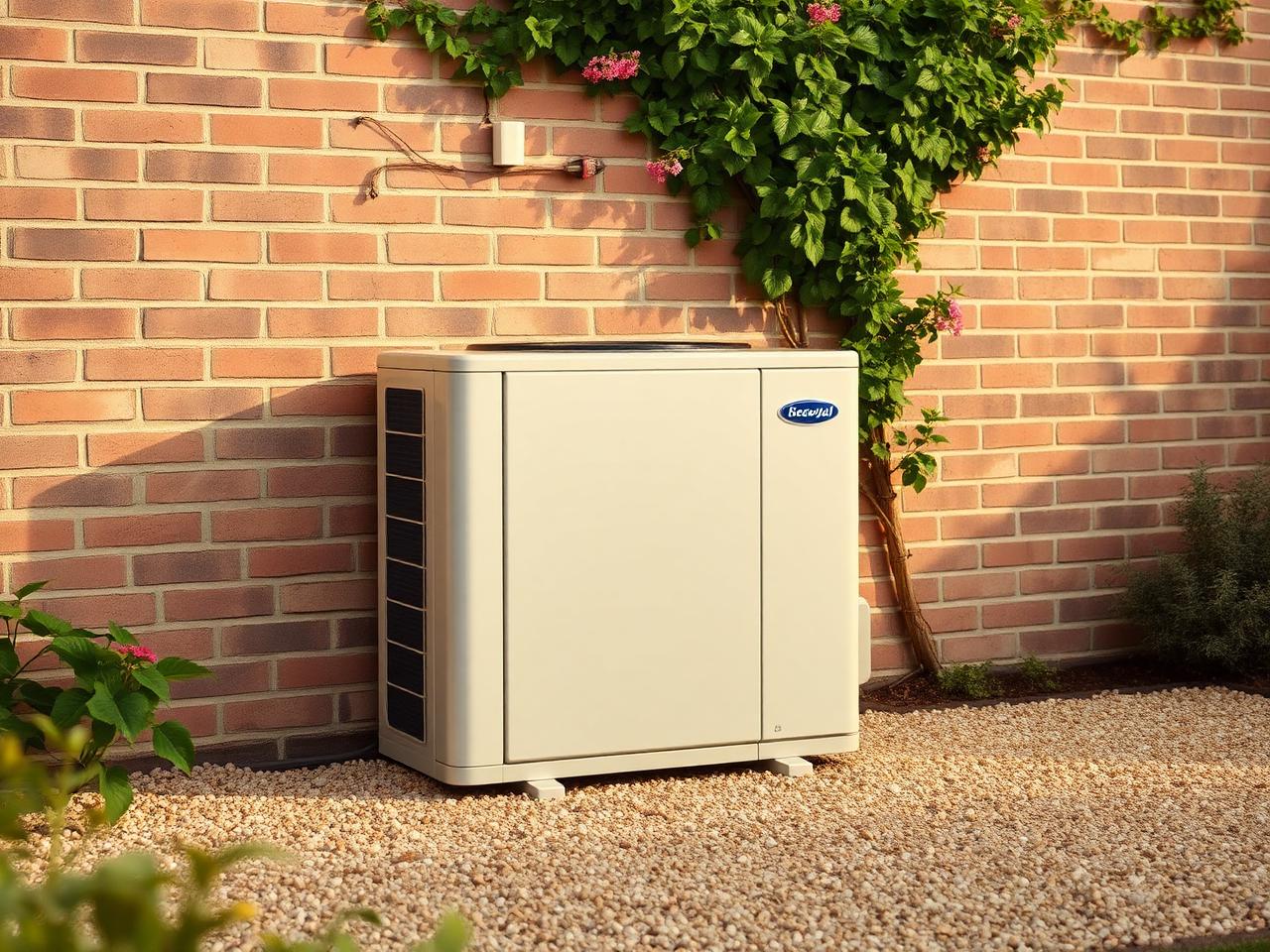 Pale-grey outdoor heat pump against a brick garden wall with climbing ivy.