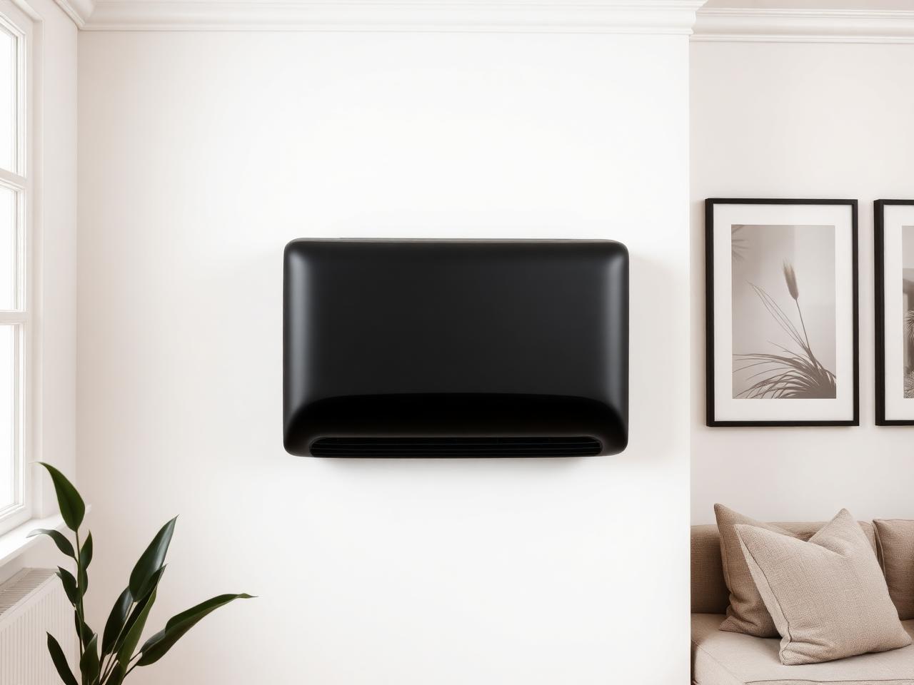 Matte-black sculpted wall-mounted air-conditioning unit on a pale plaster living-room wall.