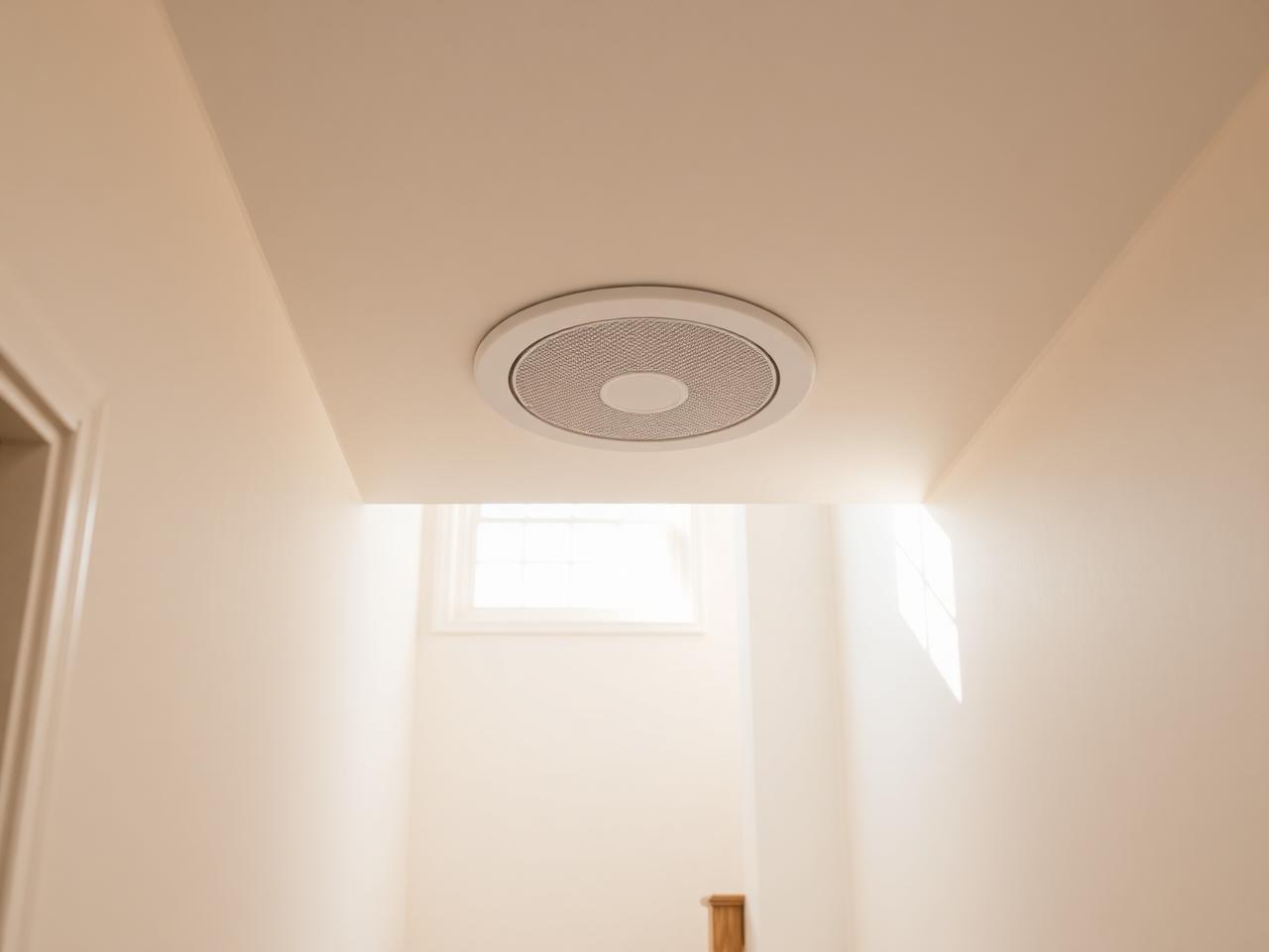 Discreet round white ceiling air diffuser flush-mounted in a sunlit hallway ceiling.