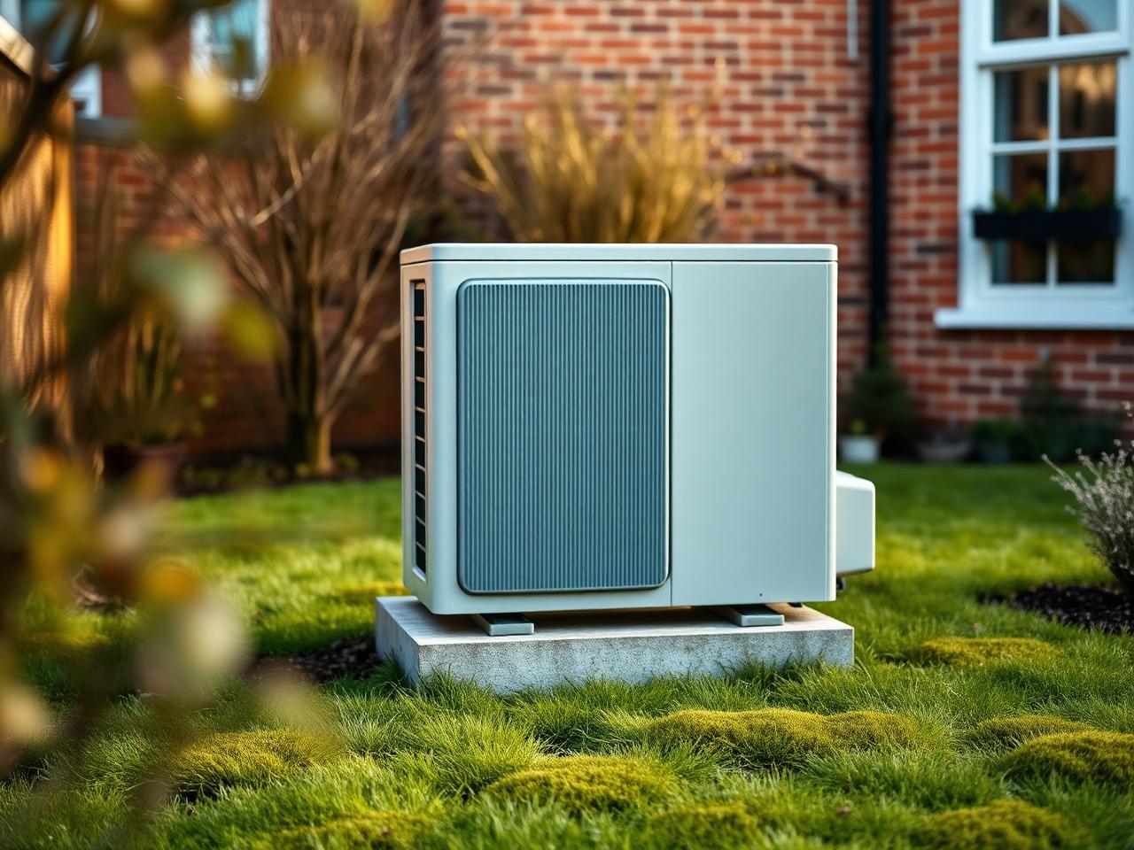 Small modern teal-grey heat pump on a low plinth in a back garden, red brick out of focus behind.