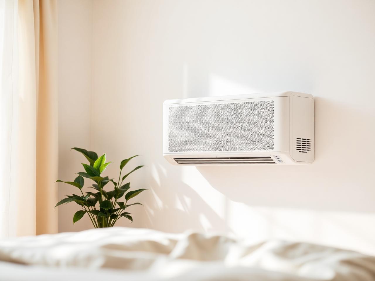 White wall-mounted split air-conditioning unit with textured grille above a bed, leafy houseplant in foreground.