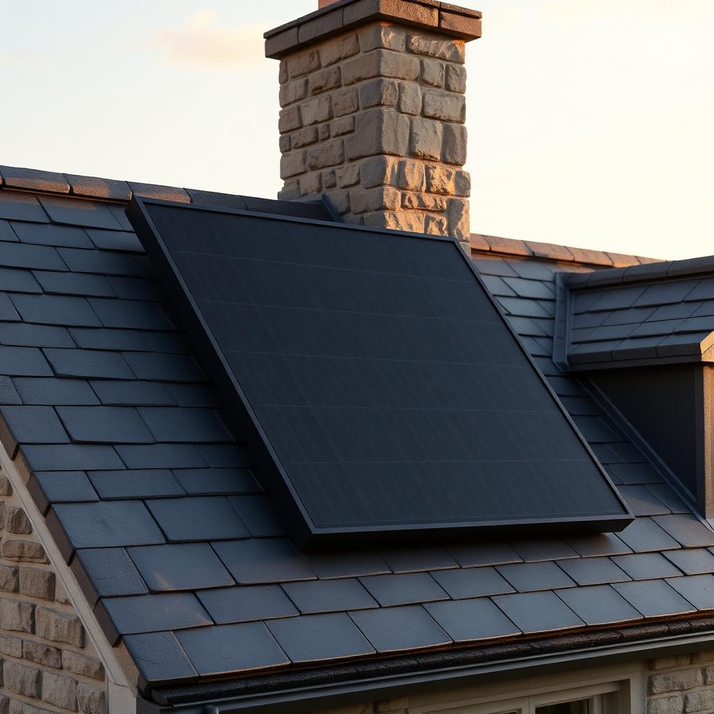 Sleek matte-black framed solar panel on the slate roof of a stone UK home at golden hour.
