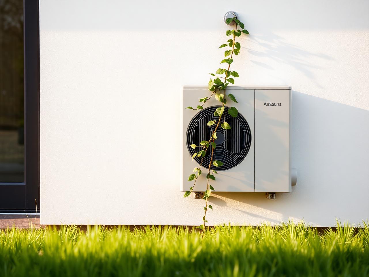 Compact light-grey outdoor heat pump against a white render wall, climbing plant softly out of focus.