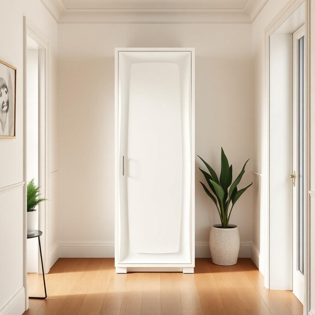 Tall sculpted white floor-standing home battery cabinet in a modern hallway plant room.
