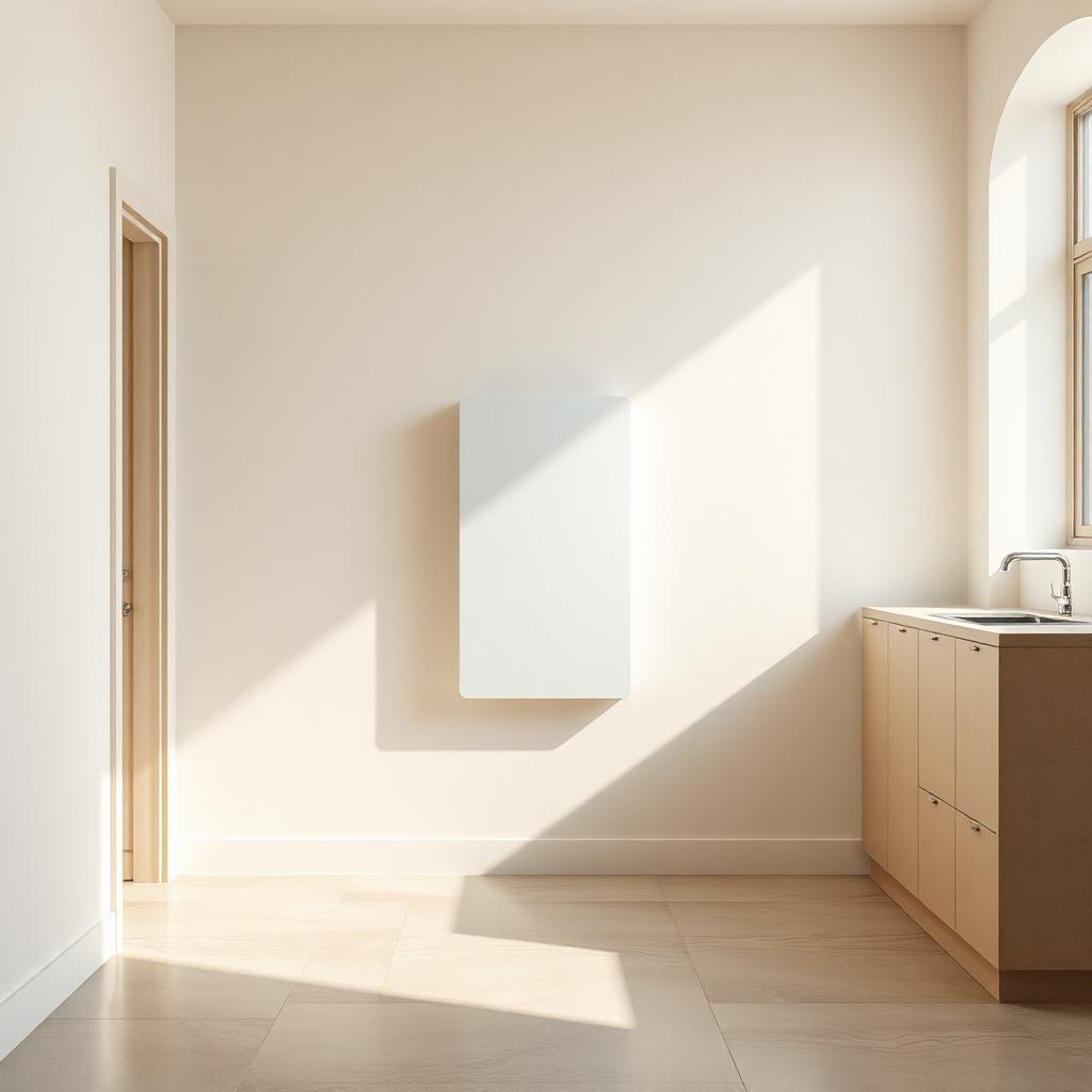 Sleek white slim wall-mounted home battery in a clean utility room with pale plaster walls.