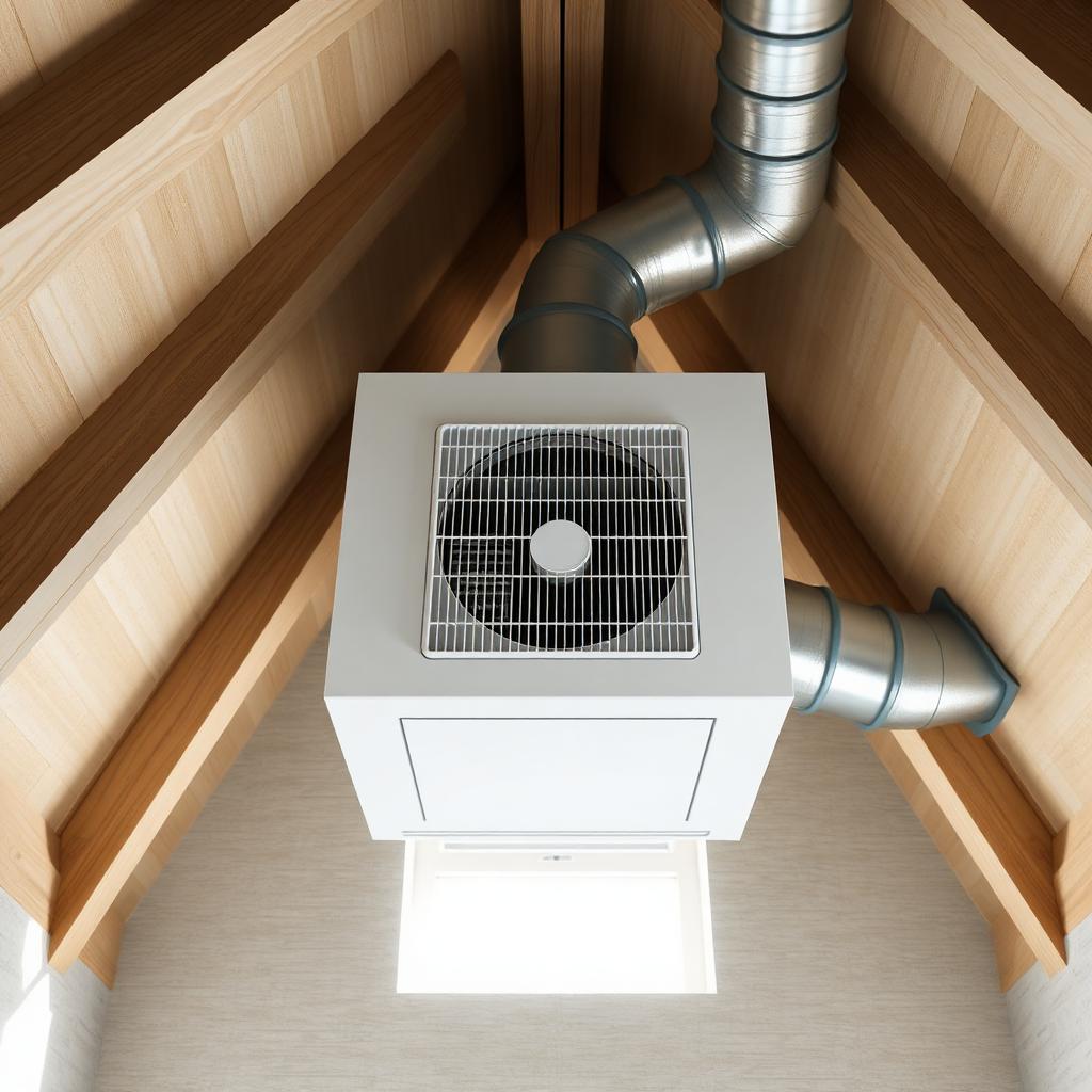 Rectangular white MVHR unit ceiling-mounted between timber rafters in a clean loft plant room.