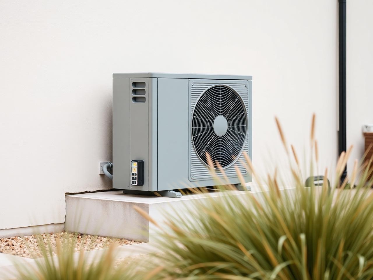 Grey outdoor air-source heat pump on a concrete plinth beside a rendered wall, ornamental grasses in foreground.