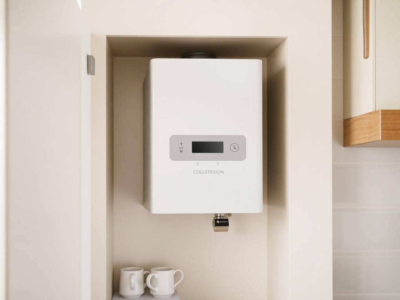 White wall-mounted combi boiler tucked into a cabinet alcove in a modern kitchen.