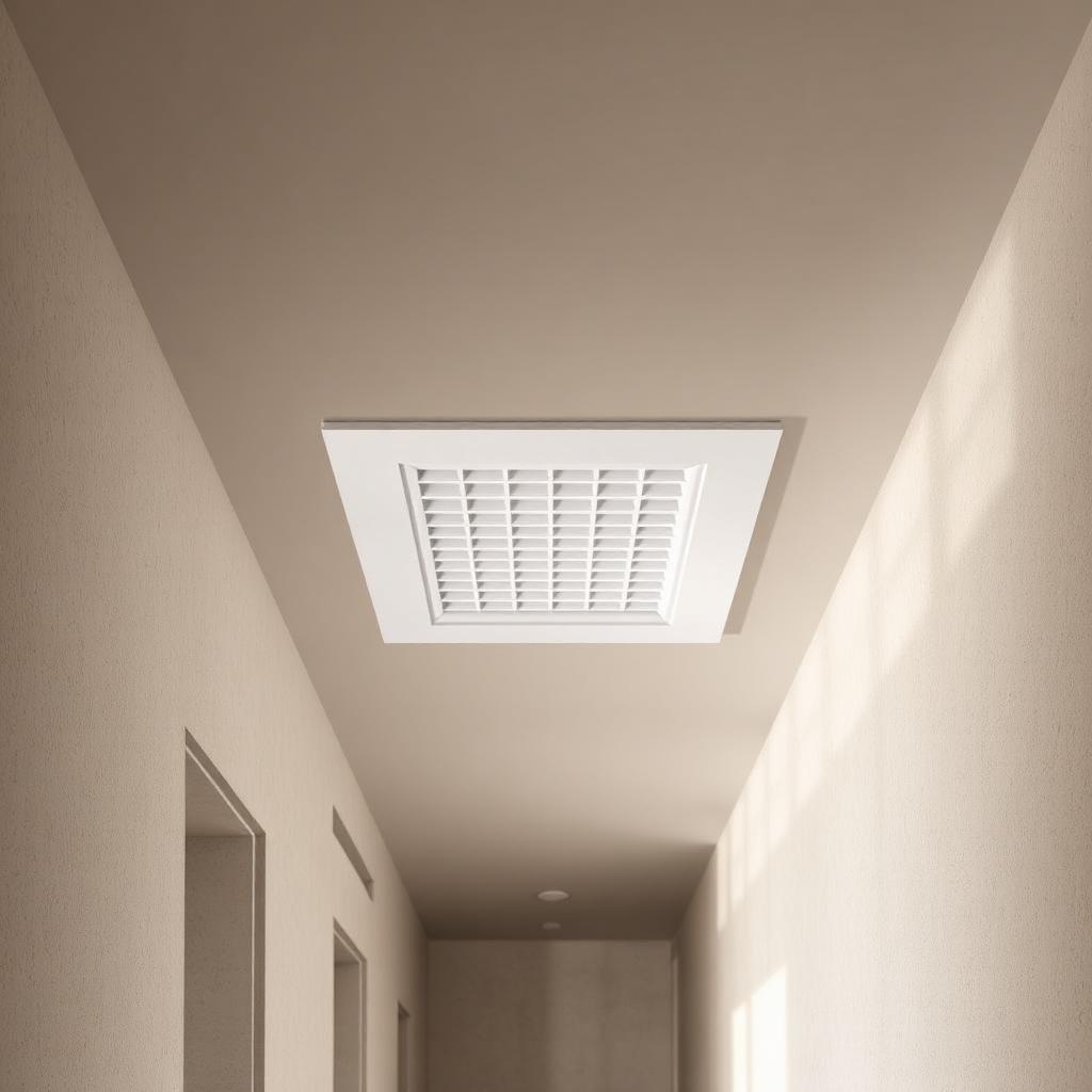 Small discreet square white ceiling air vent grille in a calm hallway ceiling.