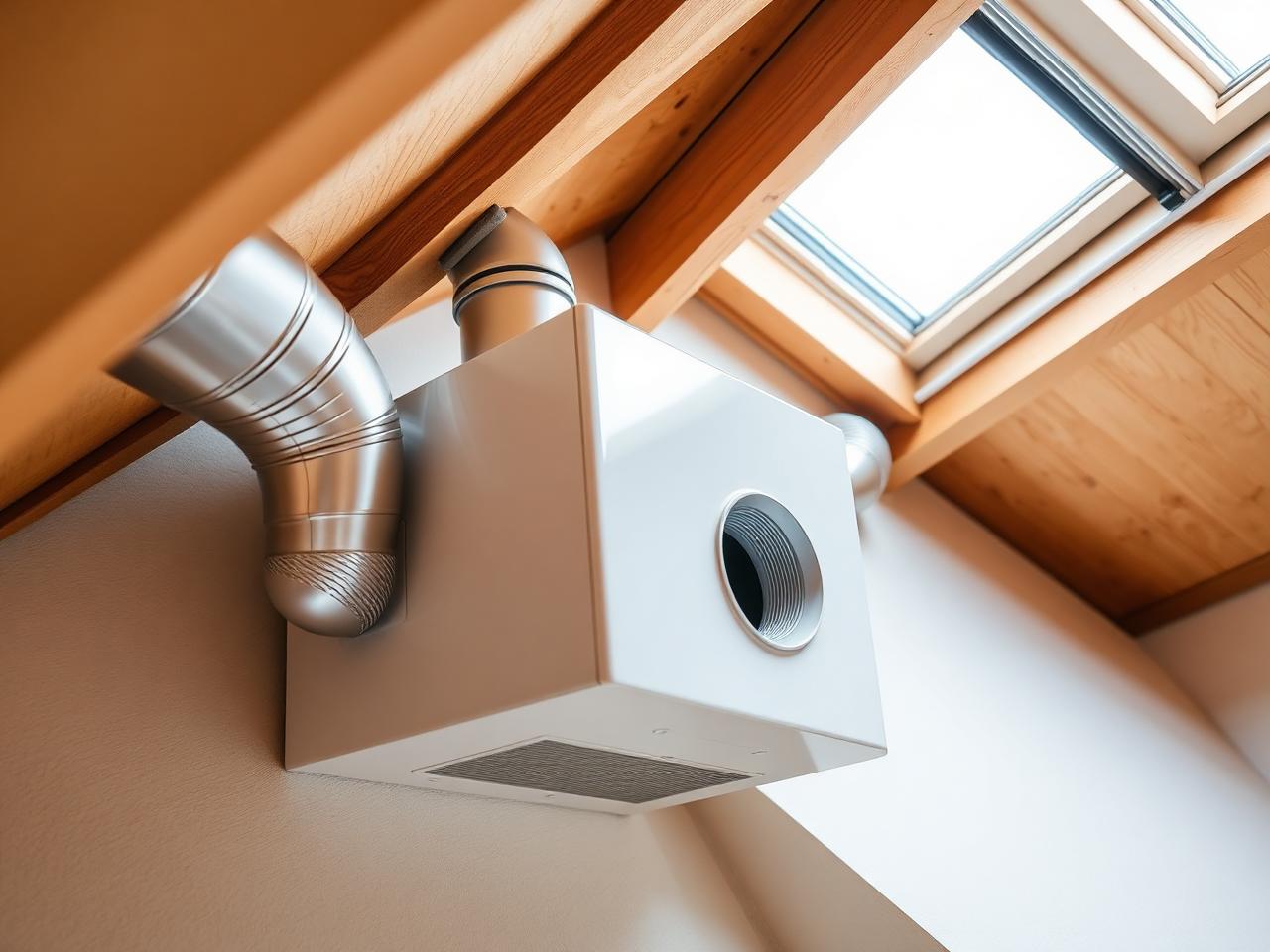 White MVHR ventilation unit mounted under timber loft rafters with two silver insulated ducts.