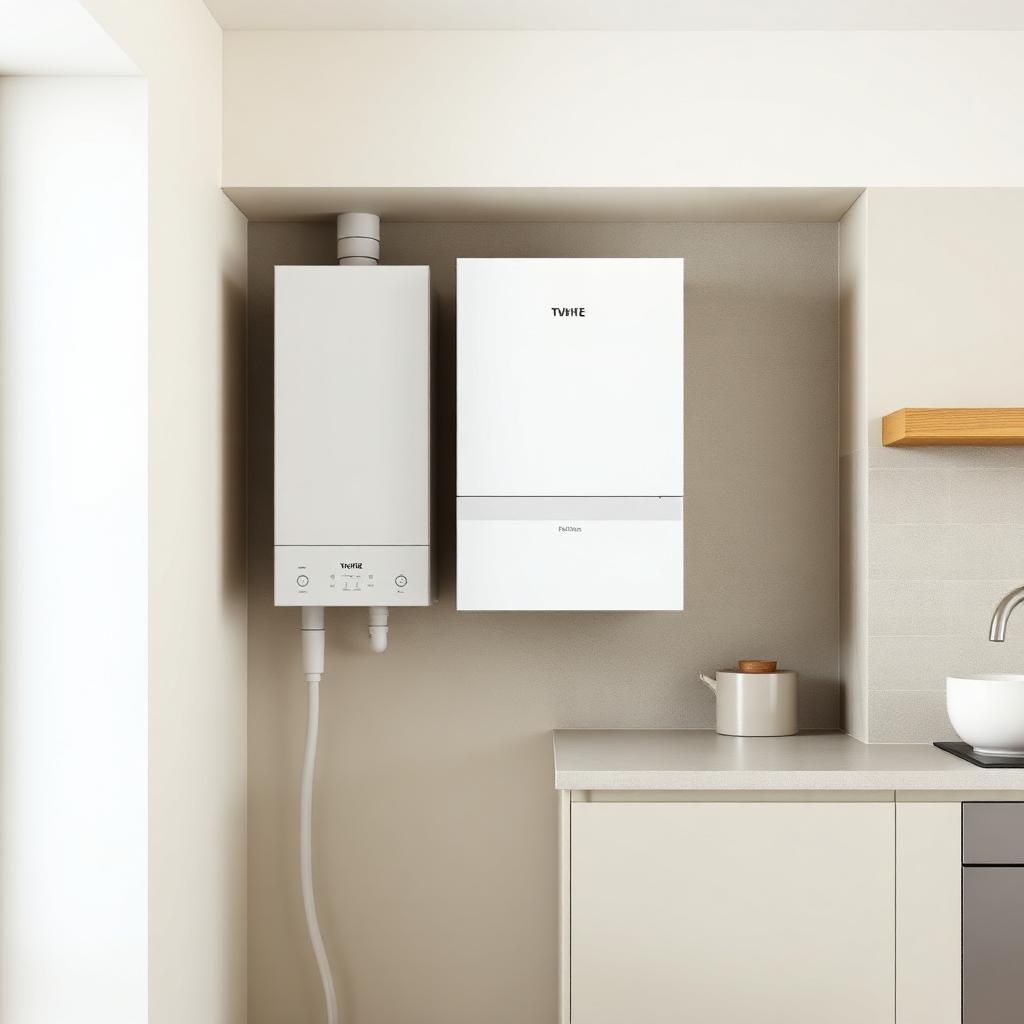 Sleek white wall-mounted combi boiler in a clean modern kitchen alcove with stone-coloured cabinetry.