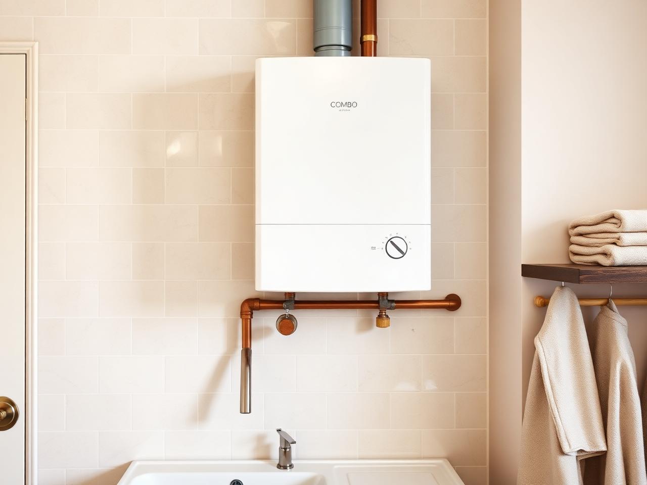 White wall-mounted combi boiler above a butler sink in a stone-tiled utility room.