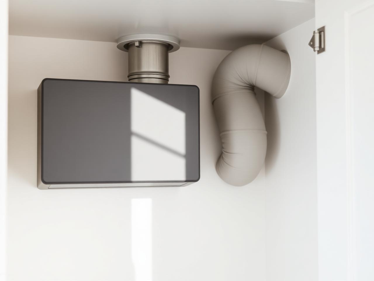 Charcoal-grey MVHR ventilation unit on a clean white plant-room wall with a single insulated duct.